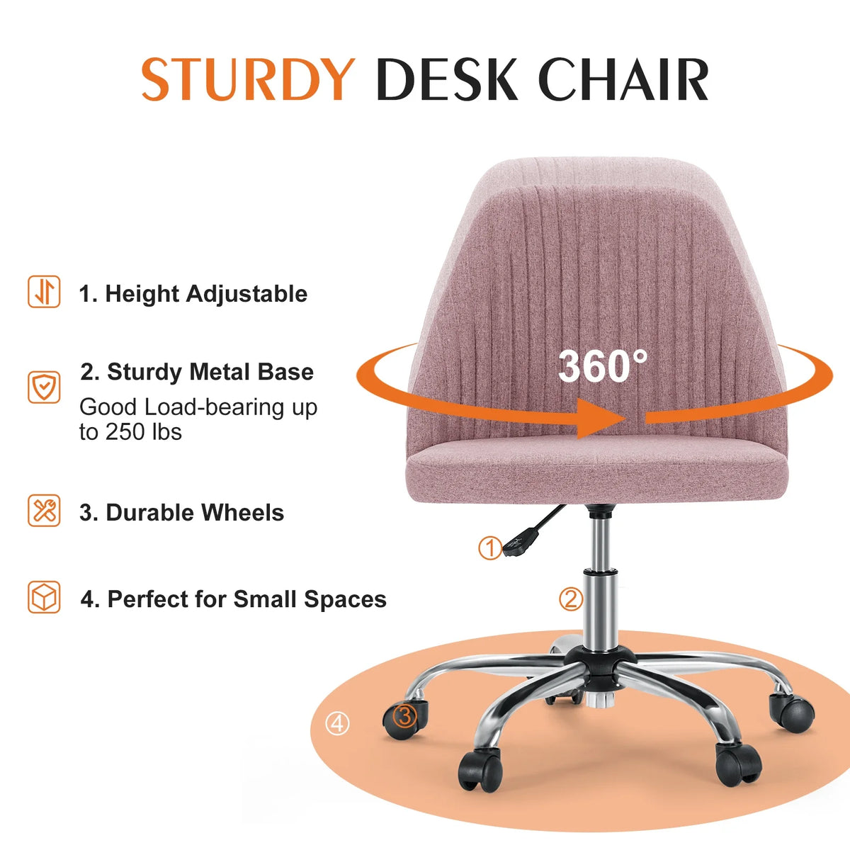 Pink Adjustable Swivel Armless Desk Chair with Wheels U496153