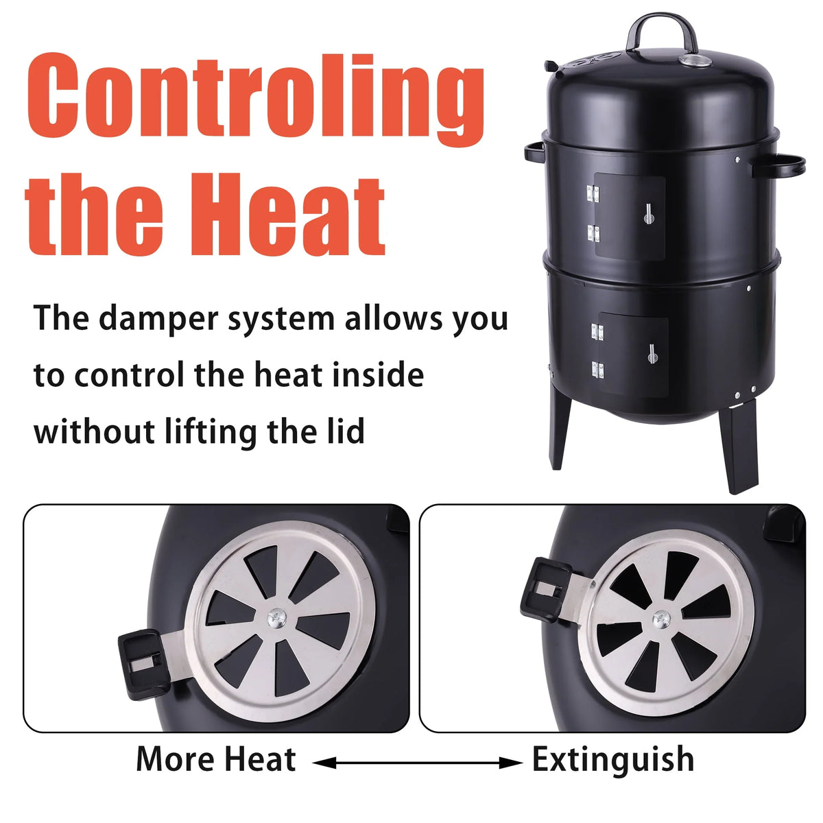3-in-1 Steel Charcoal Smoker BBQ Grill with Thermometer M77232