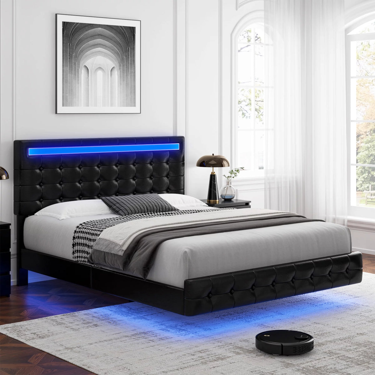 White Queen Floating Platform Bed with Lights and Storage K463