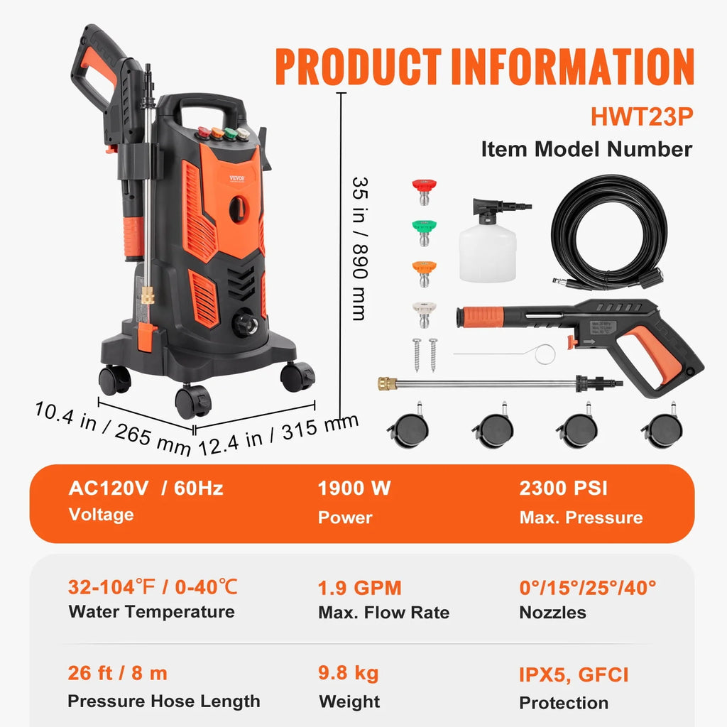 Electric Pressure Washer 2300 PSI 1.9 GPM Cold Water Wheeled J91784