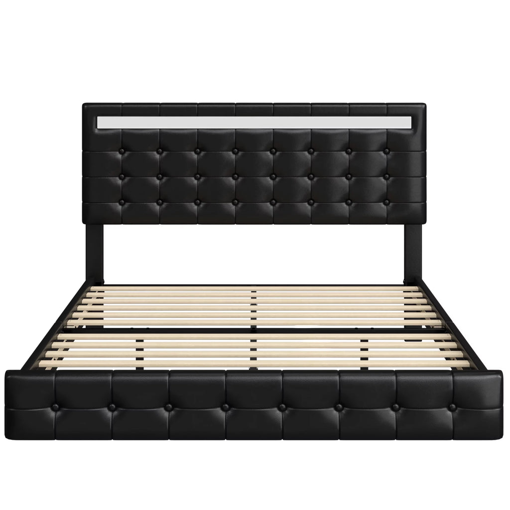 White Queen Floating Platform Bed with Lights and Storage K463