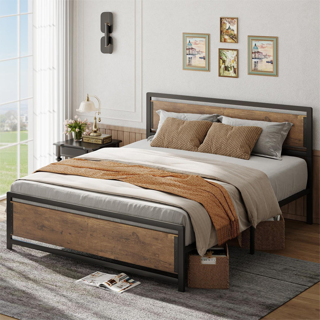 Queen Size Metal Platform Bed Frame with Wooden Headboard Footboard H48274
