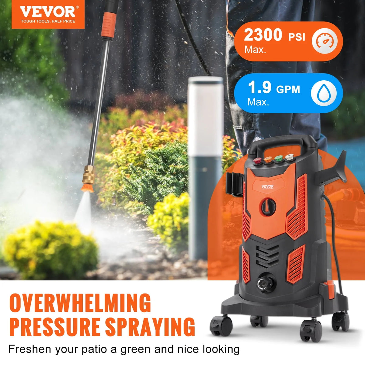 Electric Pressure Washer 2300 PSI 1.9 GPM Cold Water Wheeled J91784