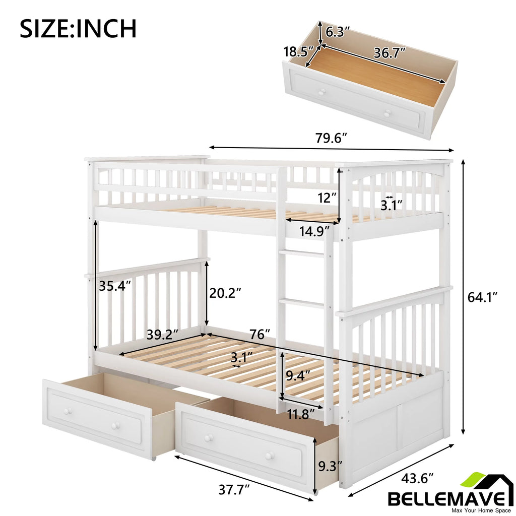 White Twin Over Twin Wooden Bunk Bed with 2 Storage Drawers M5682