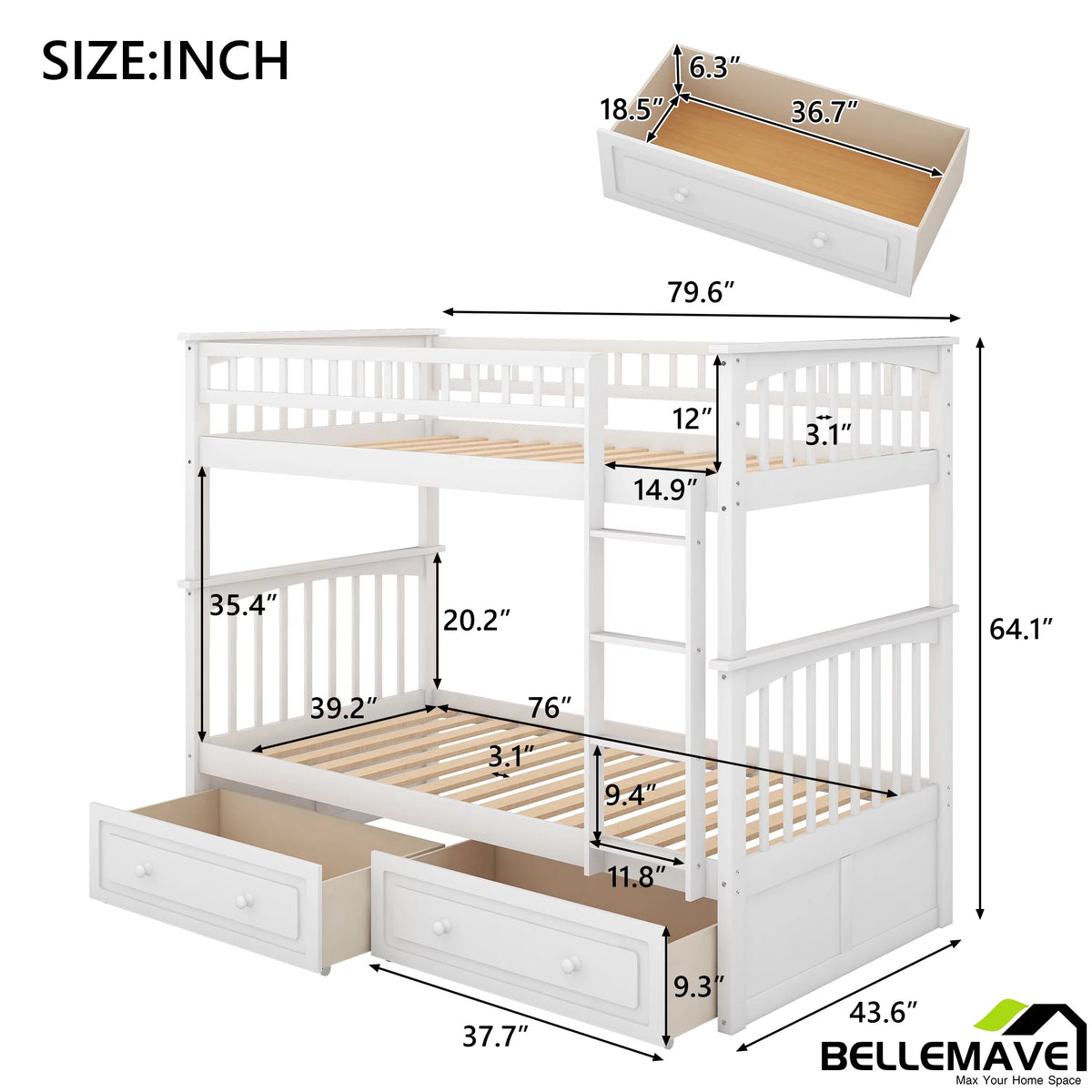 White Twin Over Twin Wooden Bunk Bed with 2 Storage Drawers M5682