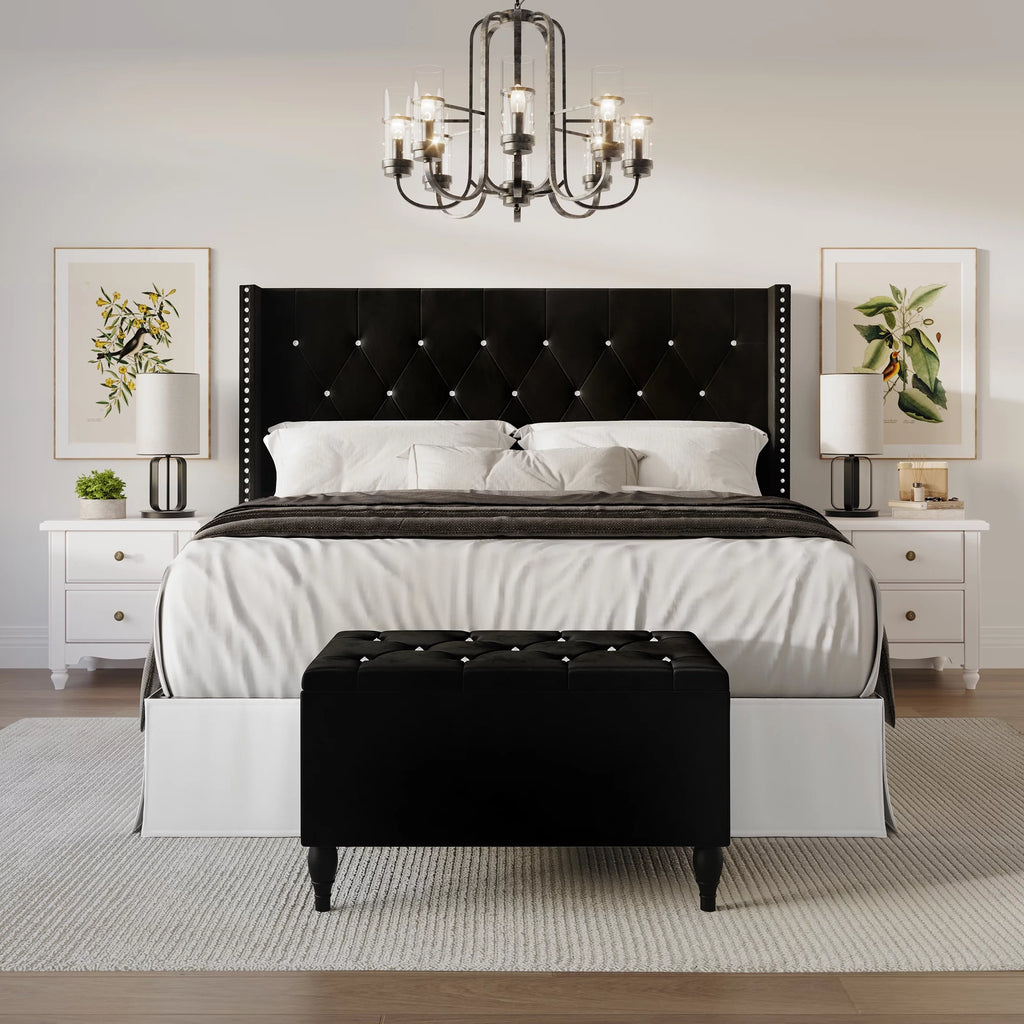 Black Velvet Upholstered Storage Bench Bed X94231