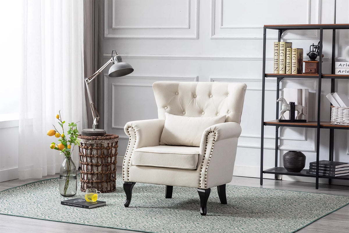 Beige Linen Tufted Accent Chair with Pillow W279
