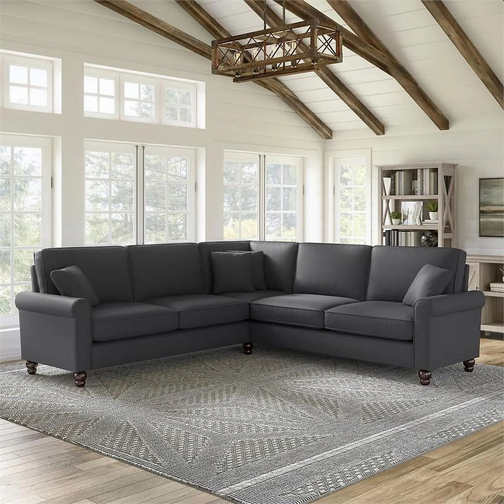 Charcoal Gray Herringbone Fabric L Shaped Sectional Couch B788833