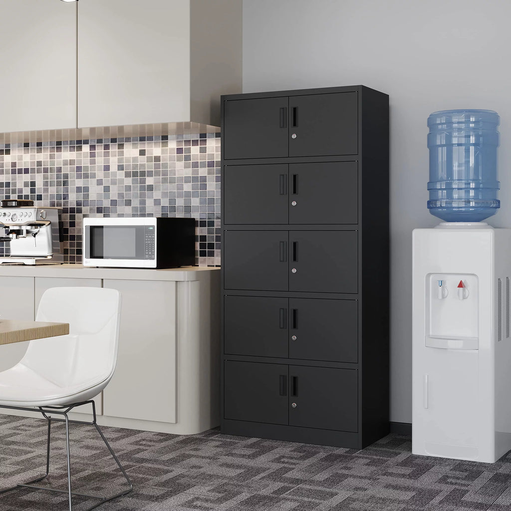 Metal Storage Cabinet with Lock, 10 Locking Doors, Black Steel U529965