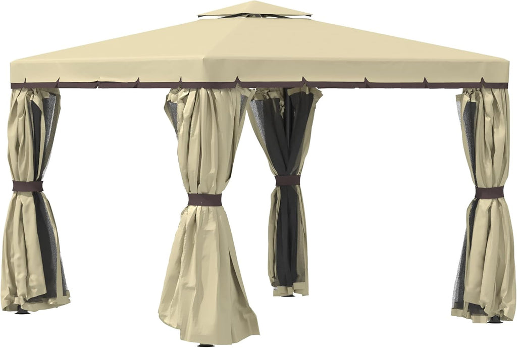 10' x 10' Beige Patio Gazebo with Double Tier Roof, Netting and Curtains A626