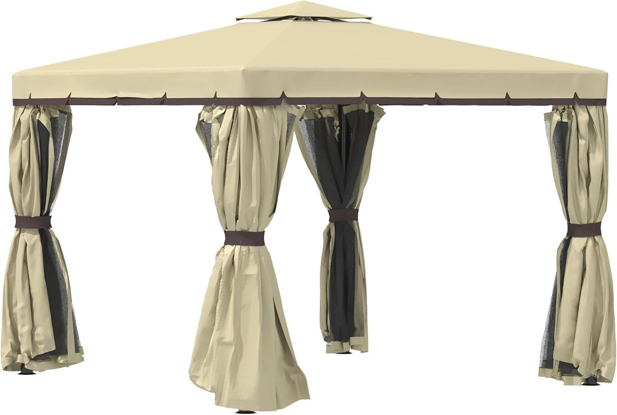 10' x 10' Beige Patio Gazebo with Double Tier Roof, Netting and Curtains A626