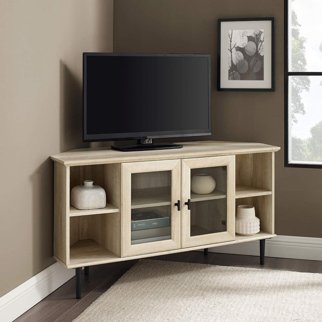 Dark Walnut 48 Inch Wood Corner TV Stand with Glass Cabinet Doors Q6664