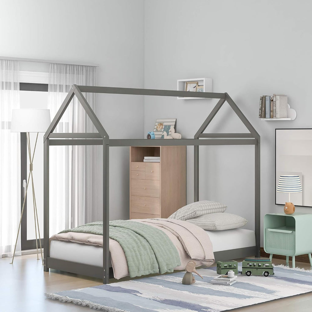 Twin Size Wood House Bed Frame with Fence U104