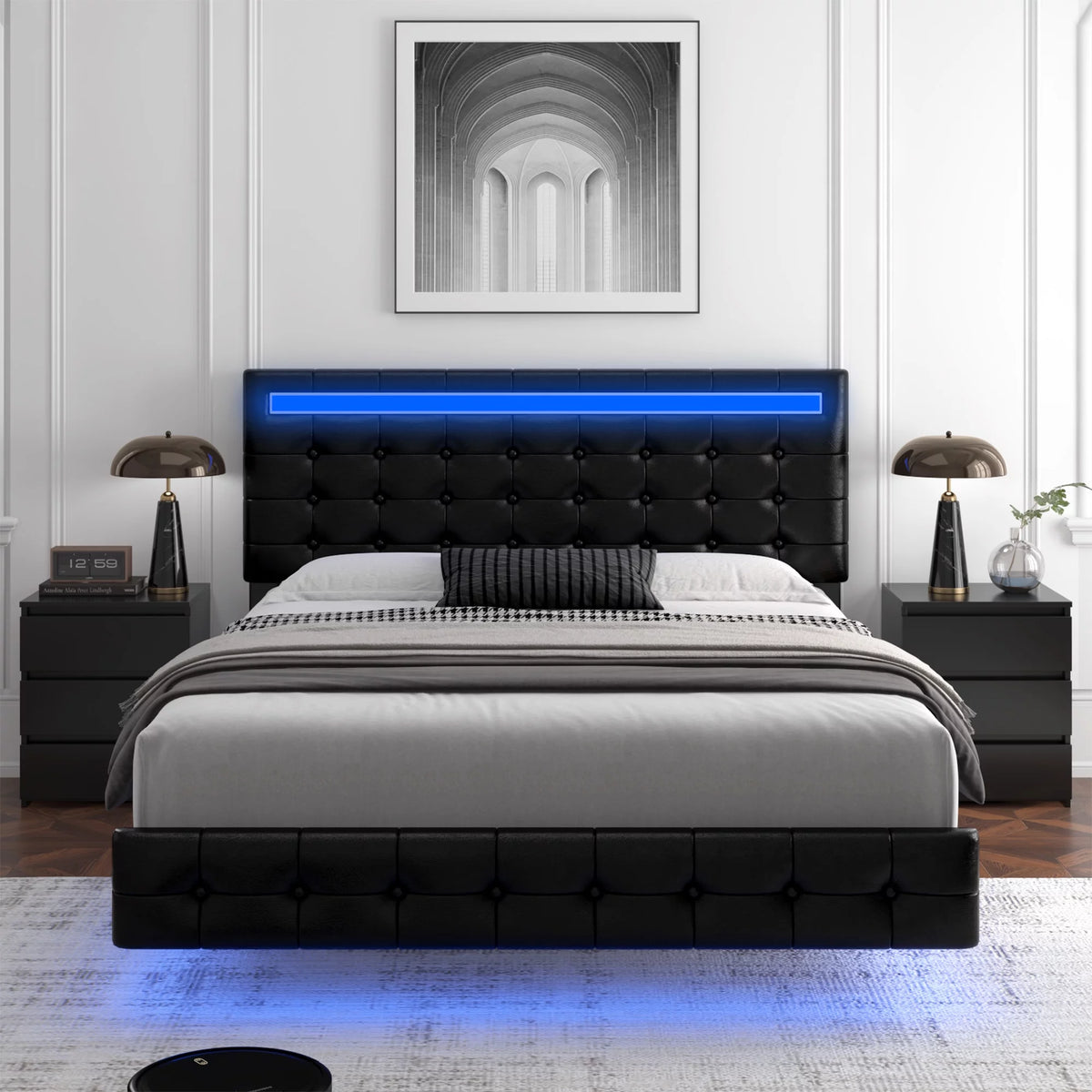 White Queen Floating Platform Bed with Lights and Storage K463