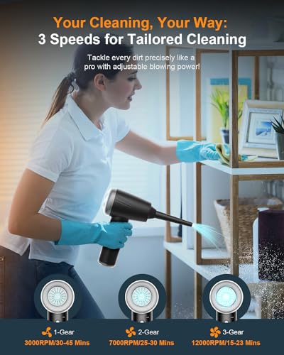 11-in-1 Compressed Air Duster, 3-Gear Adjustable 120000 RPM Electric Air Duster with LED Light, 9000mAh Cordless M2480