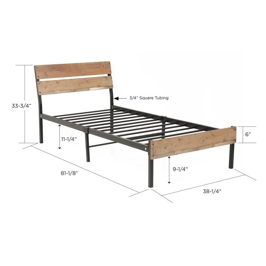 Twin Bed Frame with Black Metal Base and Rustic Barnwood Headboard and Footboard Q74241