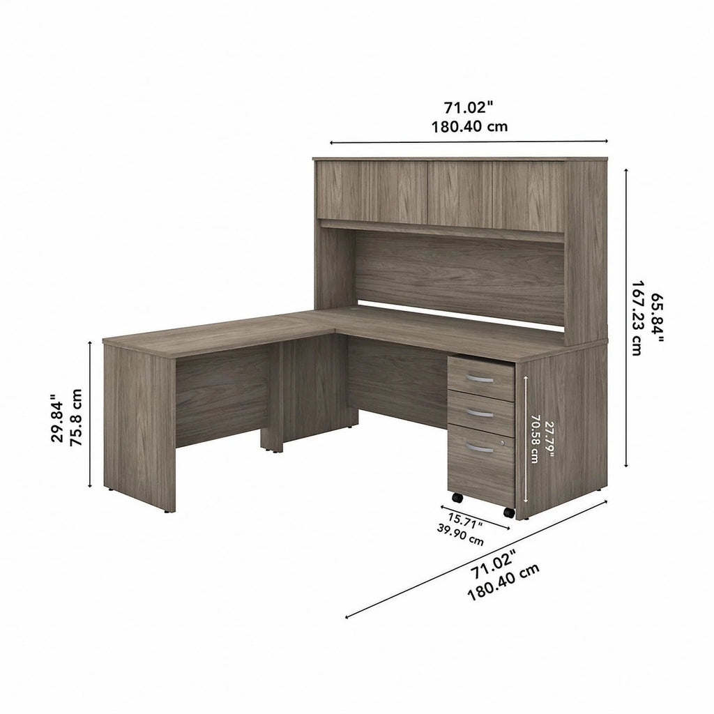 72W Engineered Wood L Desk with Hutch and Drawers A12173
