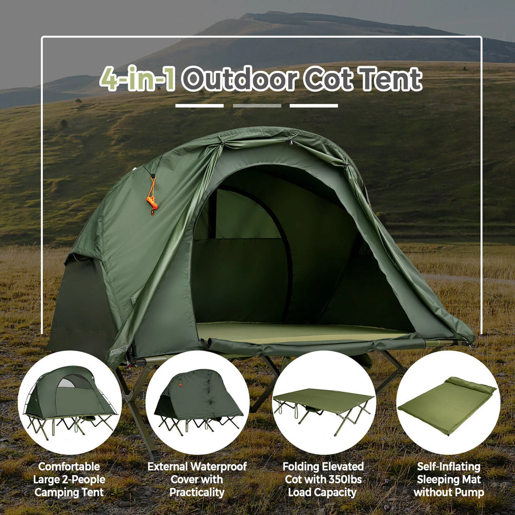2-Person Elevated Camping Tent Cot with External Cover Green C8811