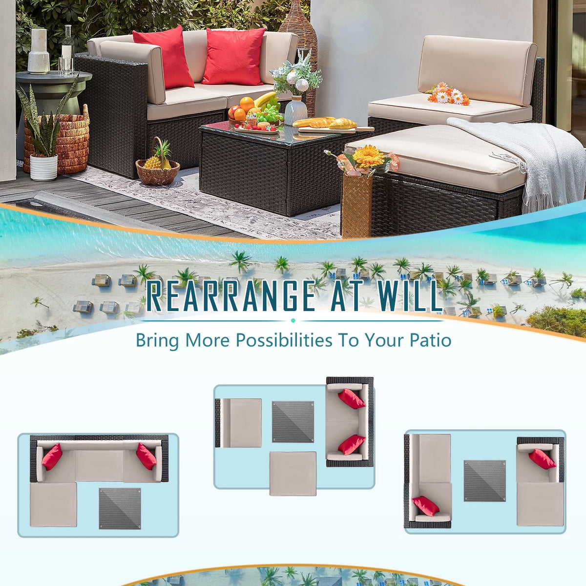 5 Pieces PE Rattan Wicker Patio Sectional Set with Table E8805