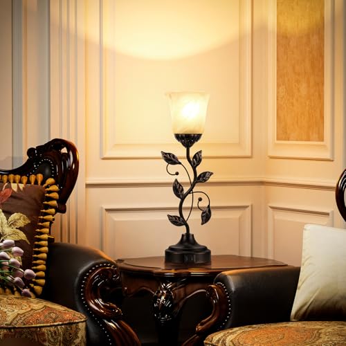 Touch Table Lamp with USB Charging Ports 3 Way Dimmable Amber Glass Lampshade P598