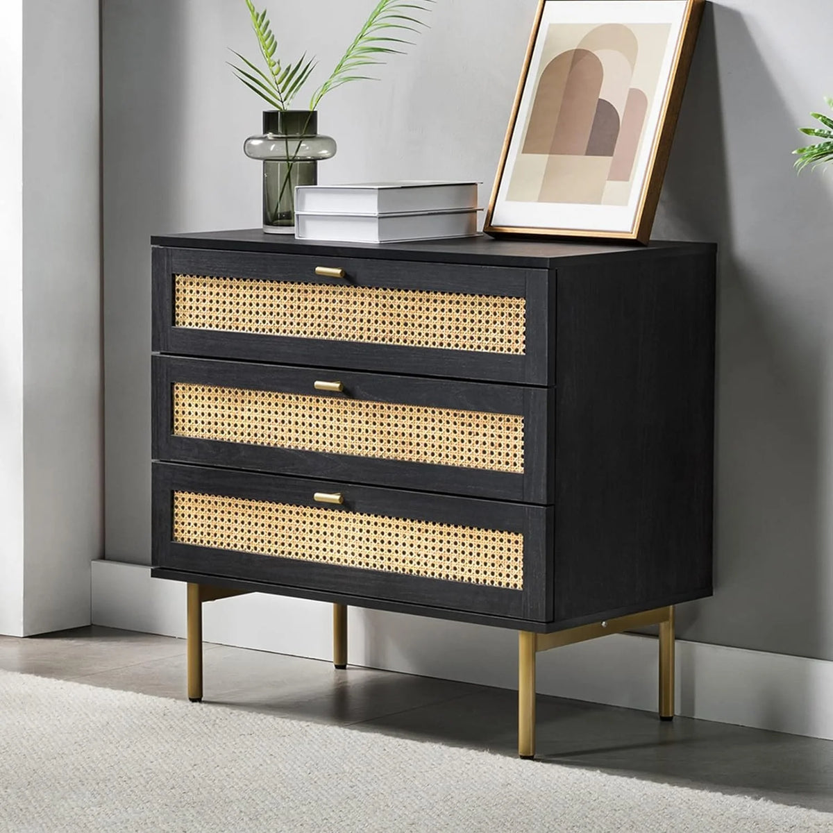 Black 3 Drawer Wood Dresser B9351