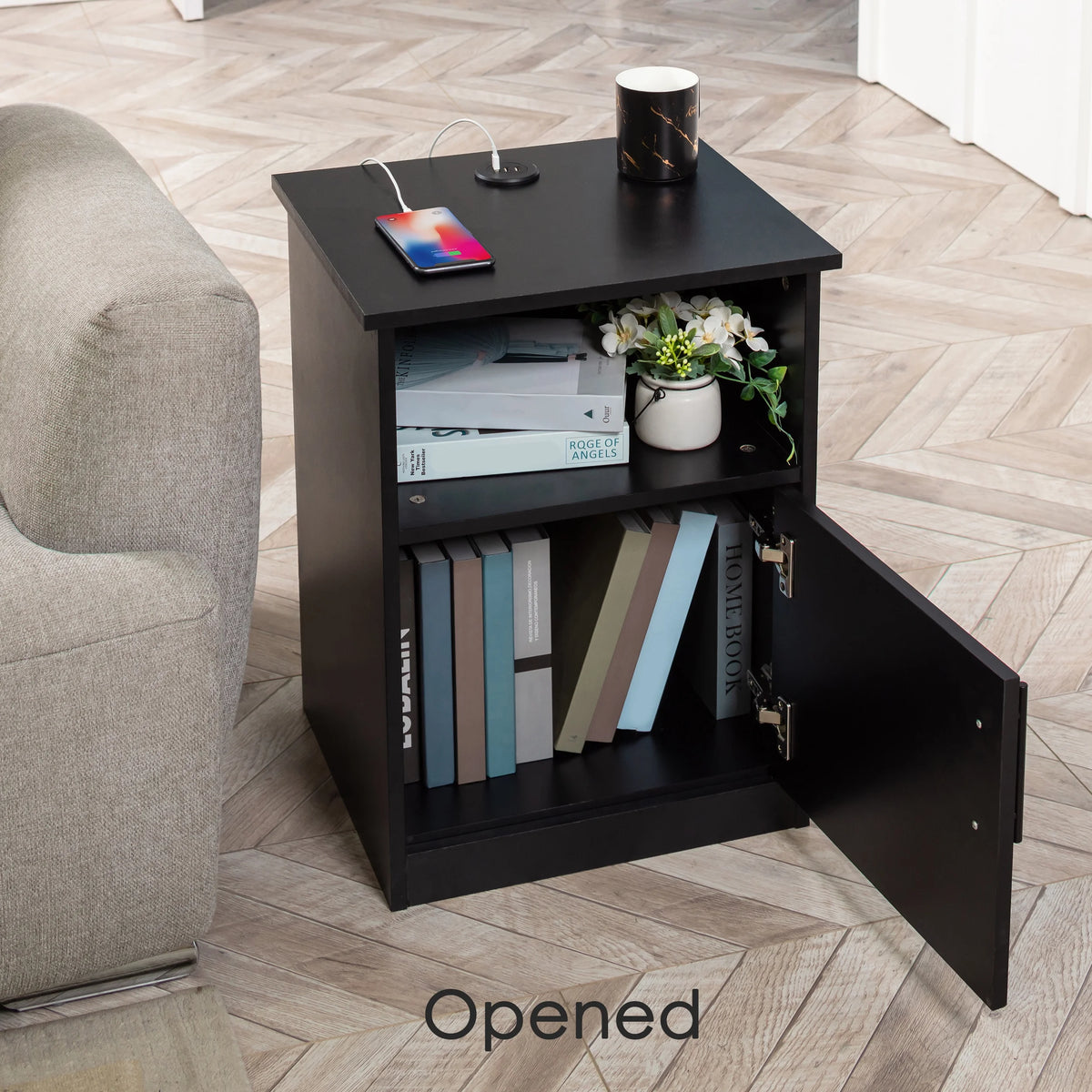 Black Nightstand with Storage and 3 USB Ports C2815