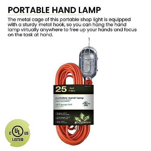 25ft Portable Hand Lamp with Kink-Free Cord and Swivel Hook Y3395