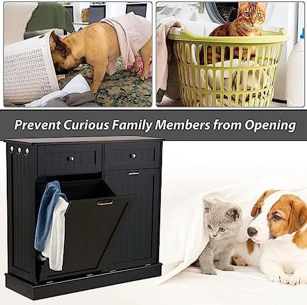 Double Tilt Out Trash Cabinet Laundry Hamper 20 Gallon Black P5502