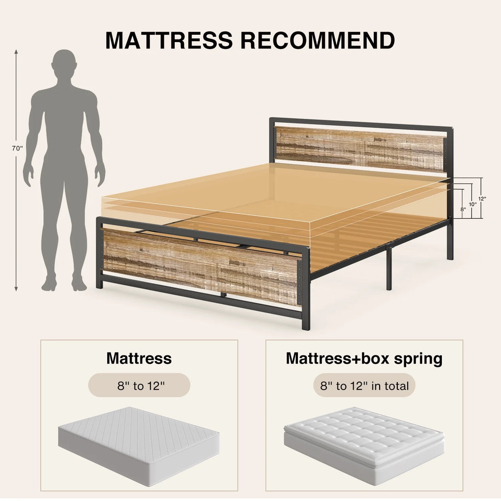 Queen Size Metal Platform Bed Frame with Wooden Headboard Footboard H48274