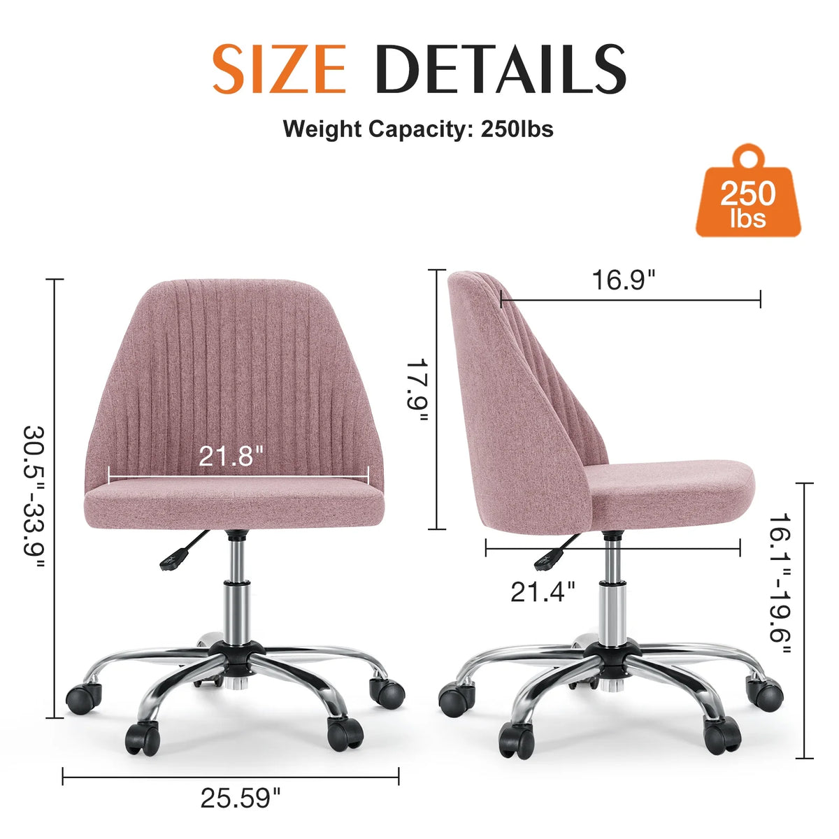 Pink Adjustable Swivel Armless Desk Chair with Wheels U496153