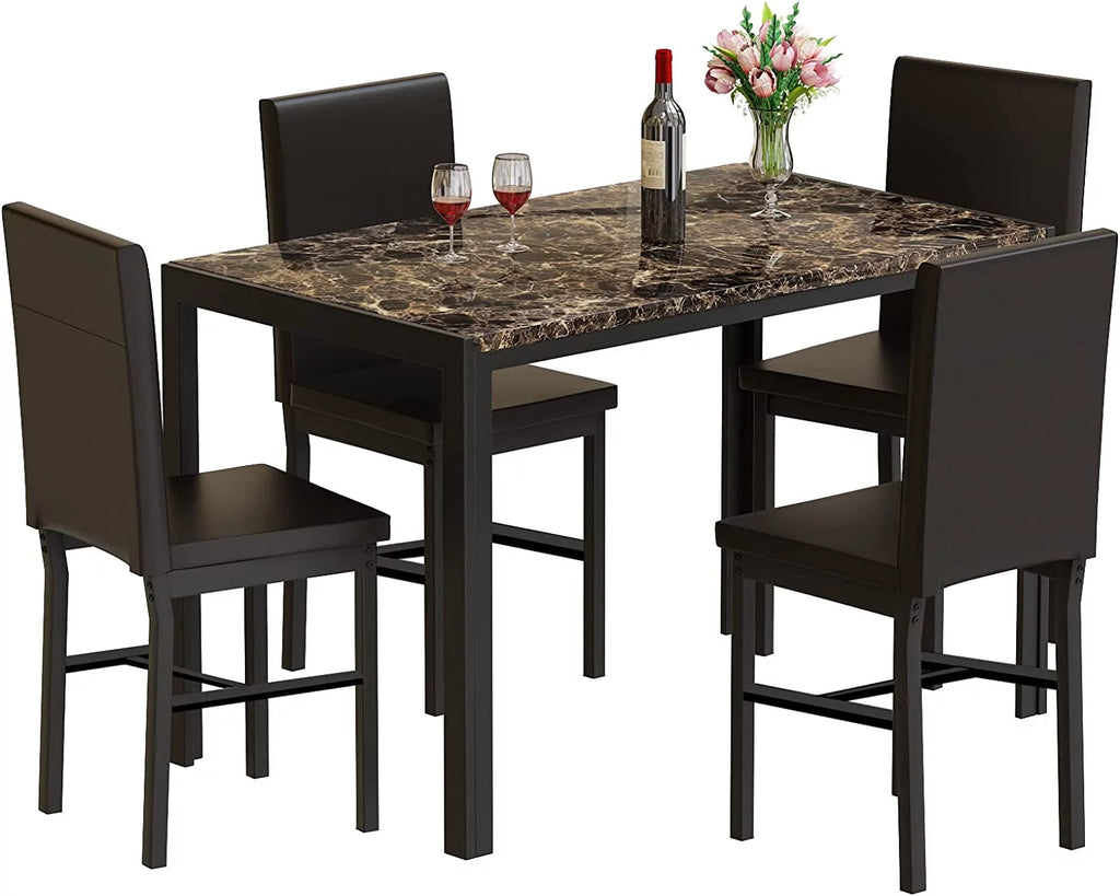5 Piece Marble Dining Table Set with Faux Leather Metal Frame Chairs B5478