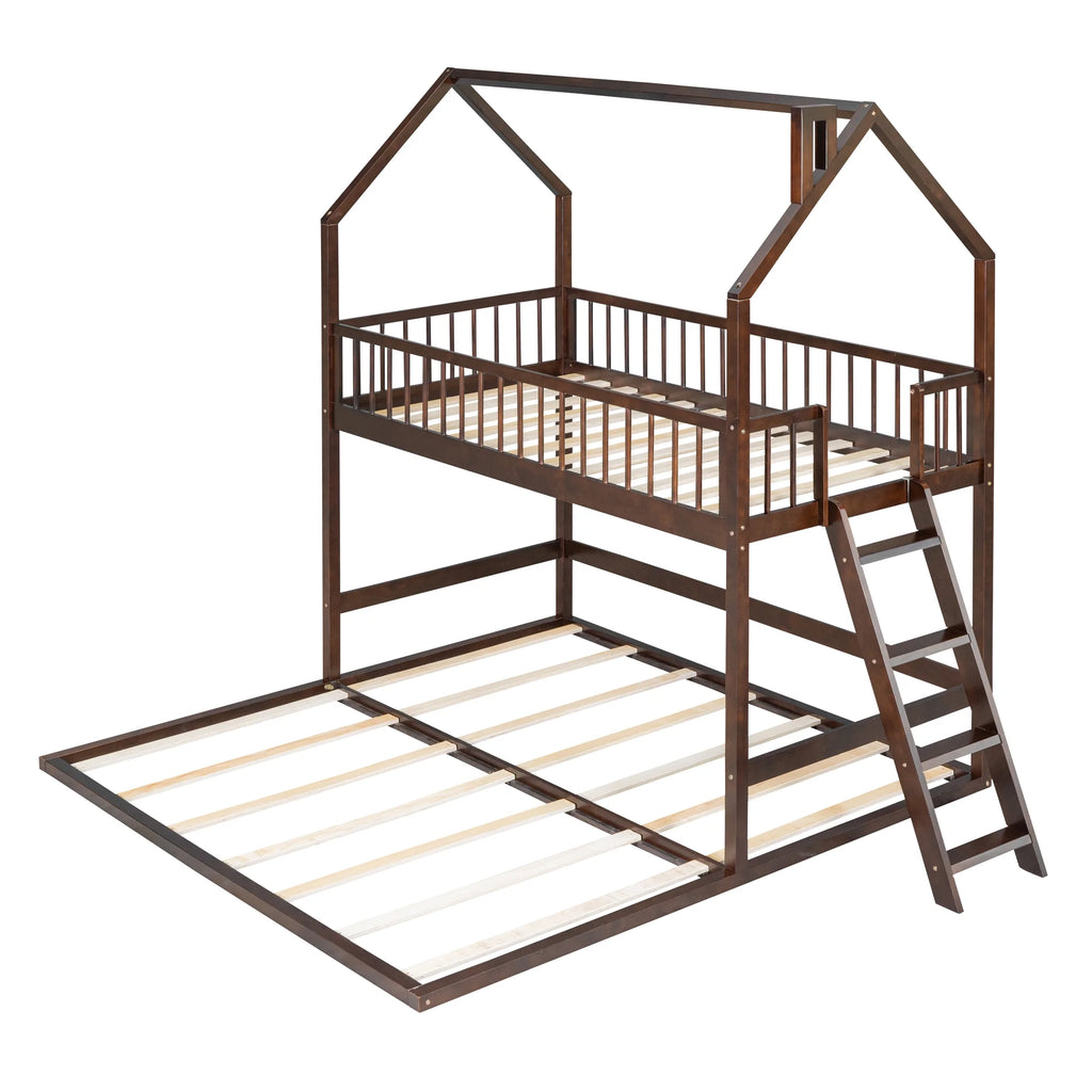 Twin Over Twin House Bunk Bed with Trundle and Roof N41318
