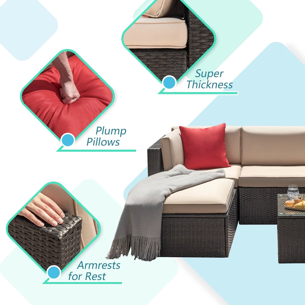 5 Pieces PE Rattan Wicker Patio Sectional Set with Table E8805