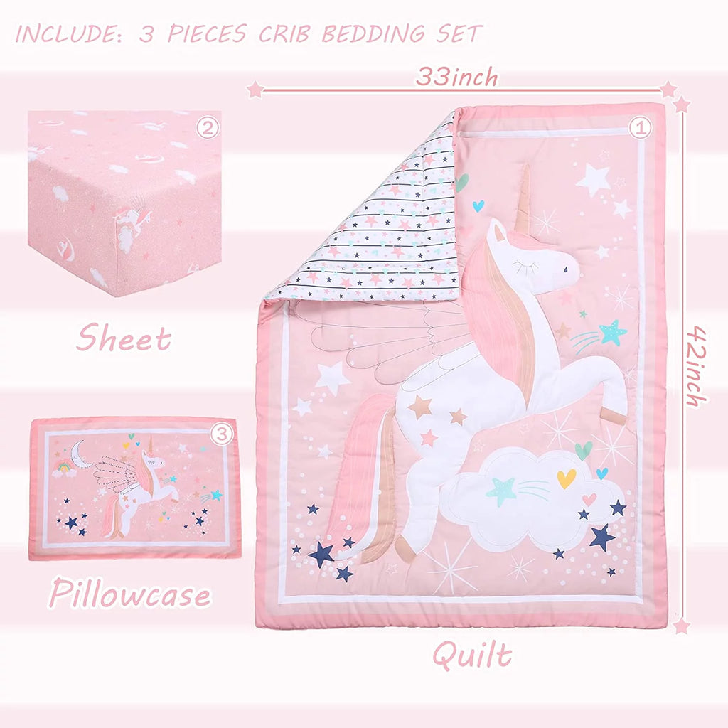 3-Piece Pink Unicorn Crib Bedding Set R781738