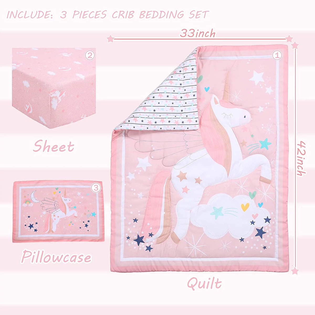3-Piece Pink Unicorn Crib Bedding Set R781738