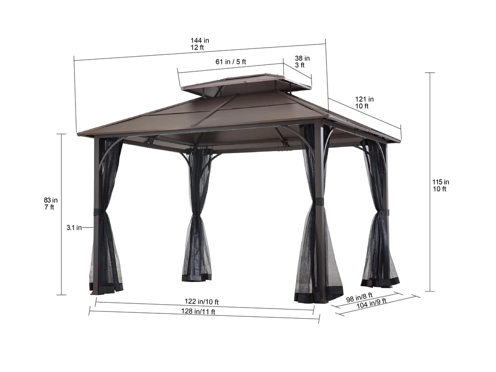 Brown 10x12 ft. Steel Frame 2-Tier Hardtop Roof Gazebo with Netting W48876