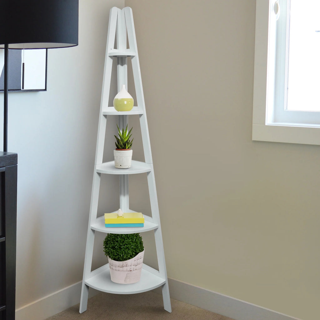 5-Shelf Corner Ladder Bookcase White I8441