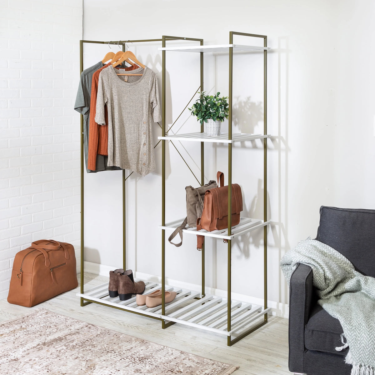 Freestanding Open Metal Closet Wardrobe with 4 Shelves V464048