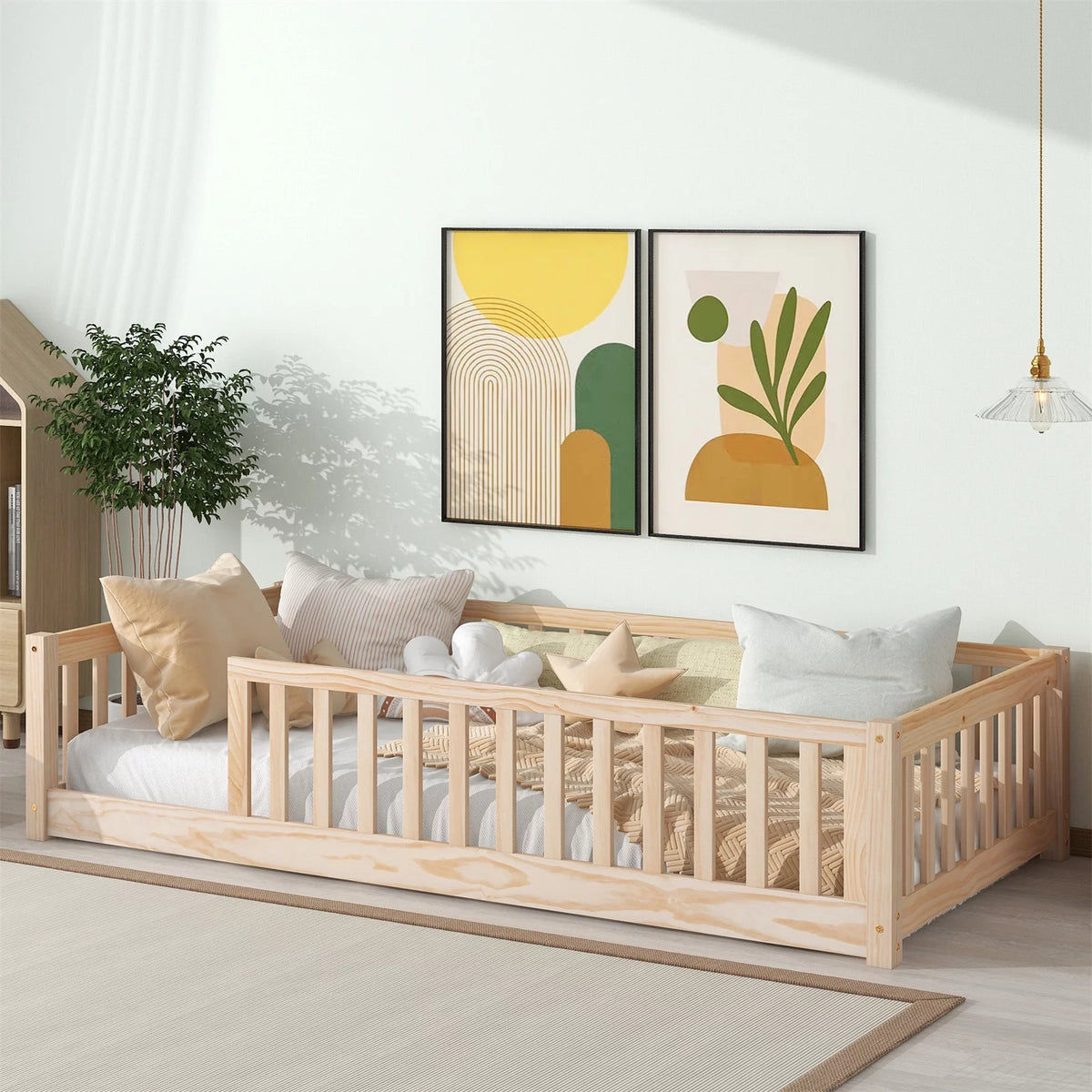White Twin Floor Bed Frame with Fence and Wood Slats X246