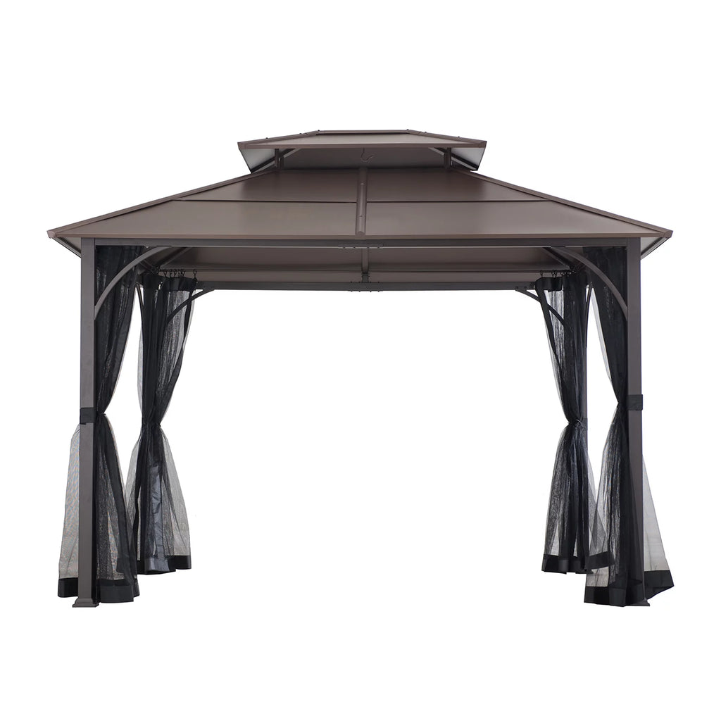 Brown 10x12 ft. Steel Frame 2-Tier Hardtop Roof Gazebo with Netting W48876