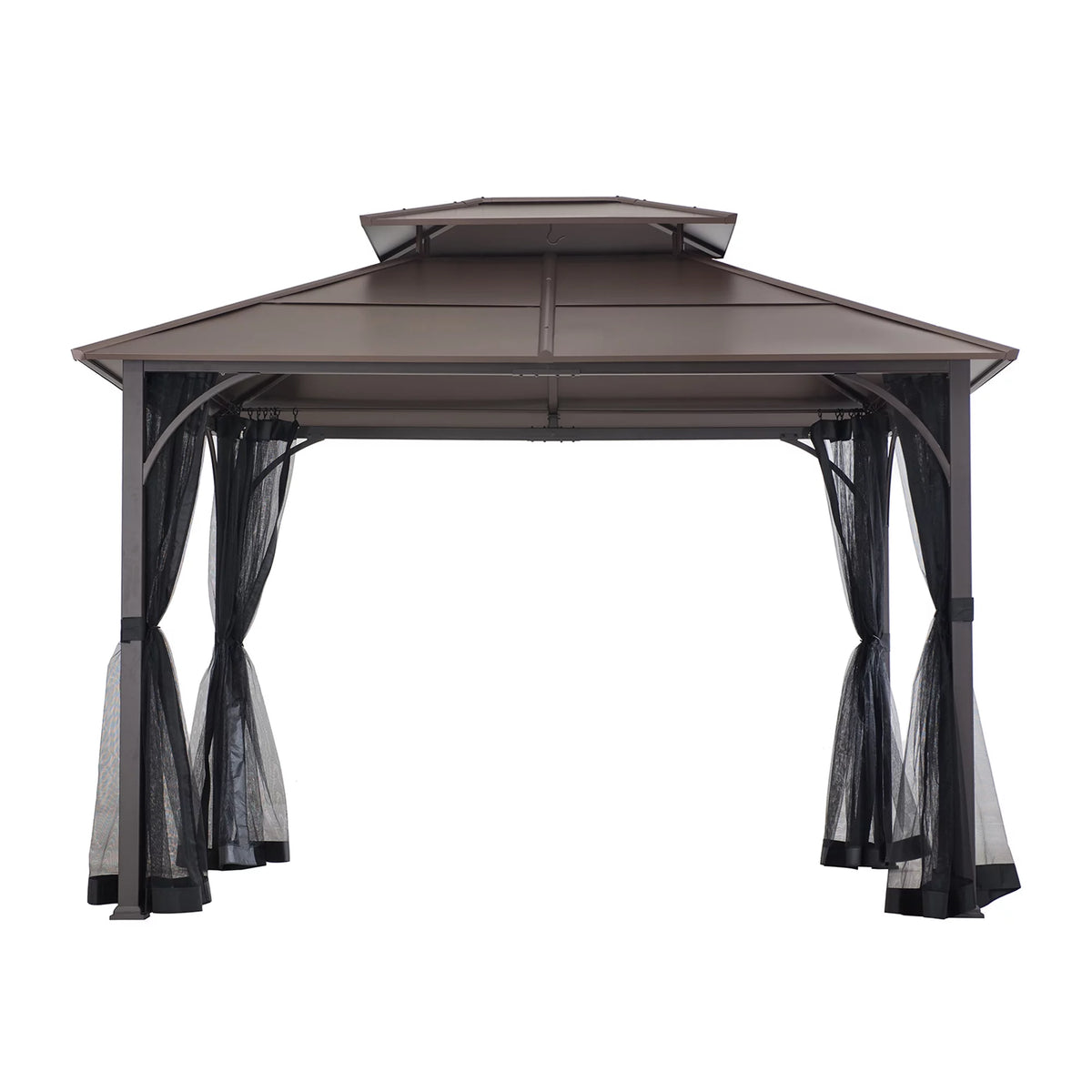 Brown 10x12 ft. Steel Frame 2-Tier Hardtop Roof Gazebo with Netting W48876