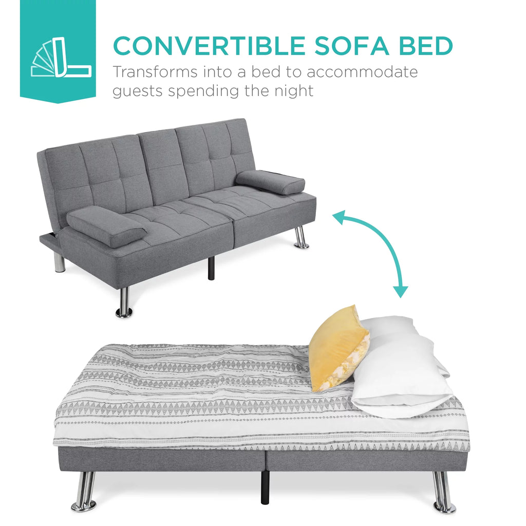 Gray Linen Convertible Futon Sofa Bed with Cupholders N388649