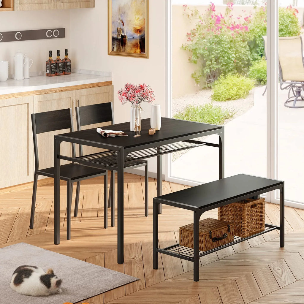 Black Dining Table Set of 4 with 2 Chairs 1 Bench E521