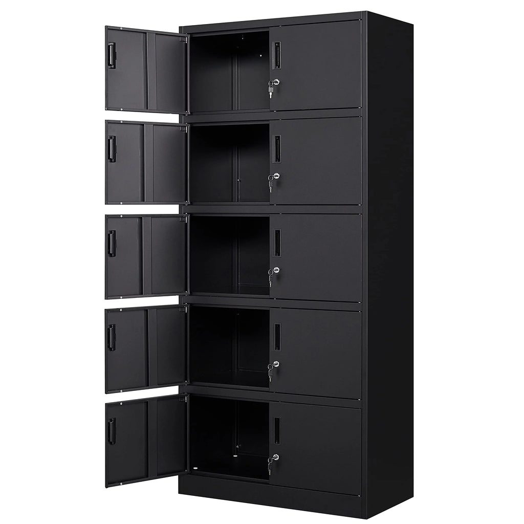 Metal Storage Cabinet with Lock, 10 Locking Doors, Black Steel U529965