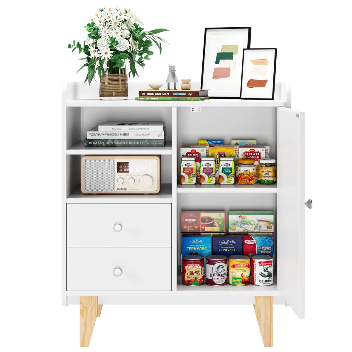 White Wooden Floor Storage Cabinet with Door and Drawers M348371
