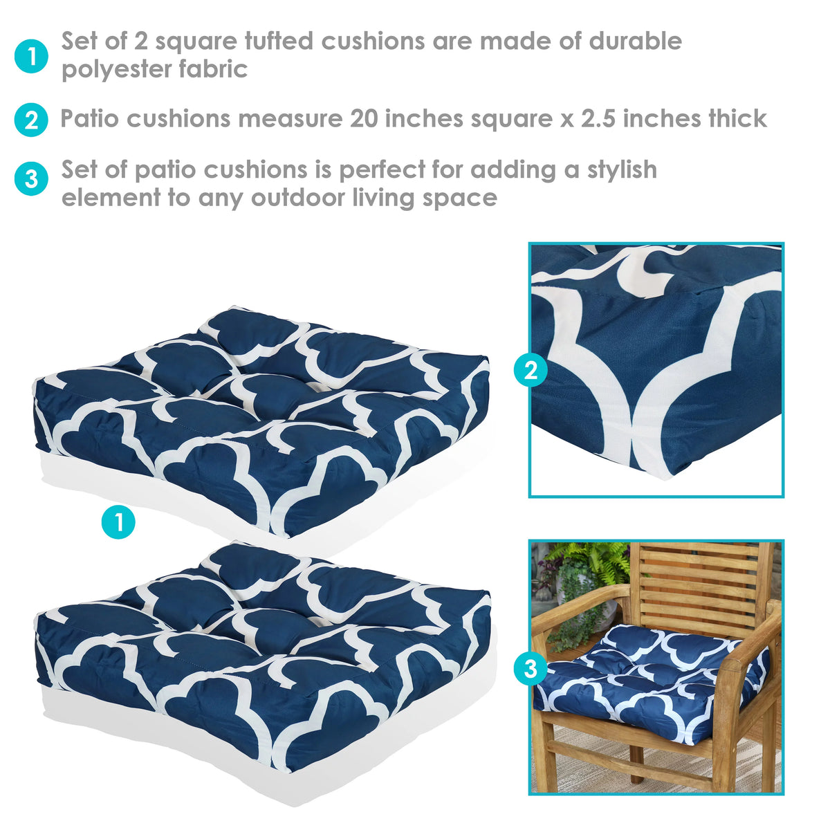 Square Tufted Patio Chair Seat and Back Cushions - 20" - Navy Blue and White - 2pk G563580