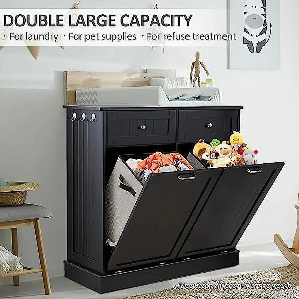 Double Tilt Out Trash Cabinet Laundry Hamper 20 Gallon Black P5502