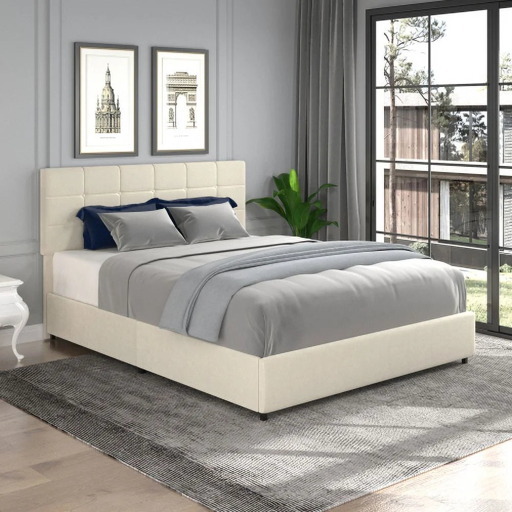 Queen Size Ivory Velvet Upholstered Platform Bed with 4 Drawers Storage H32812