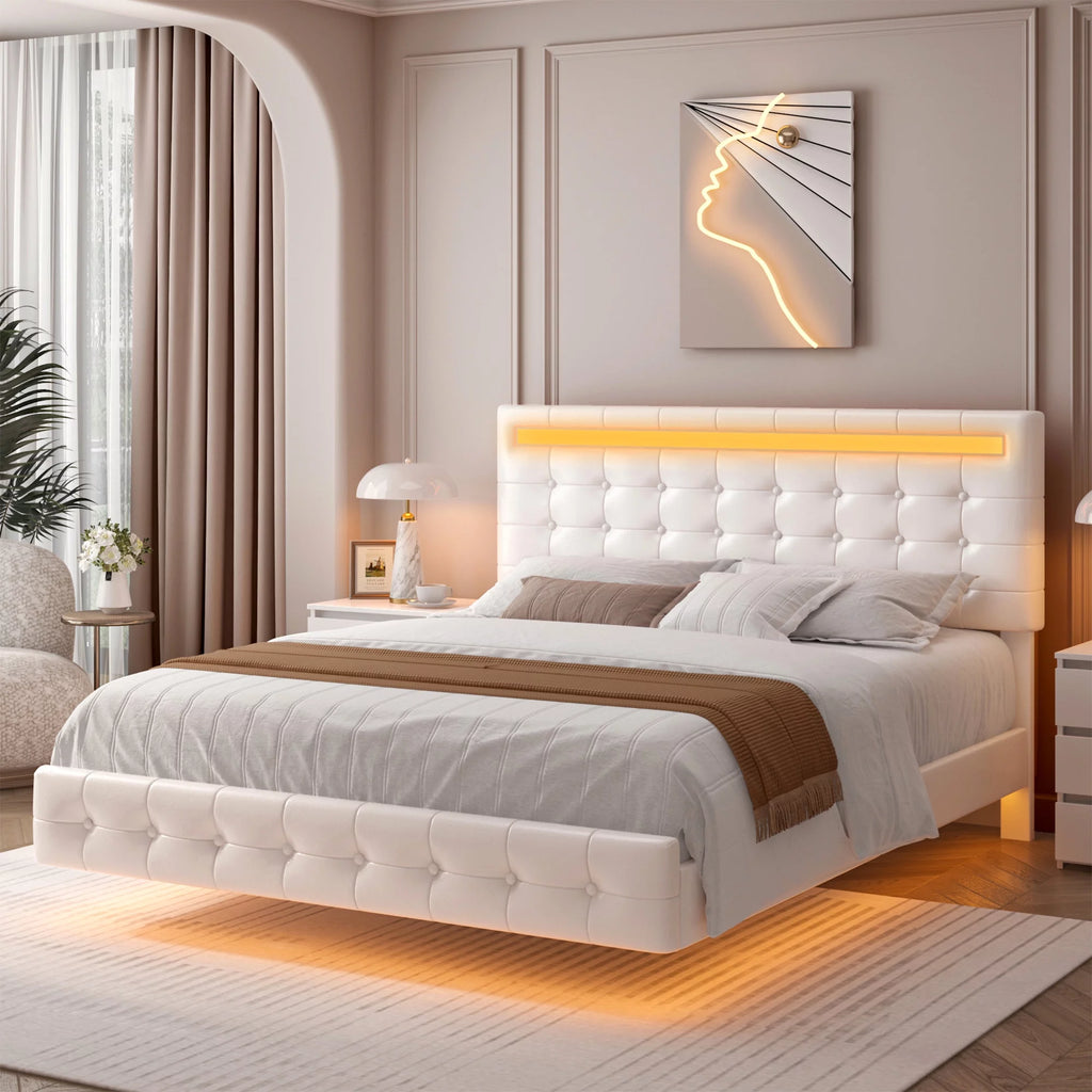 White Queen Floating Platform Bed with Lights and Storage K463
