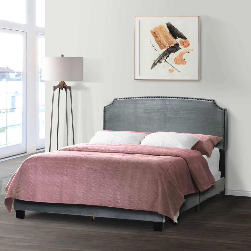 Gray Fabric Queen Bed with Nail Head Trim X85212